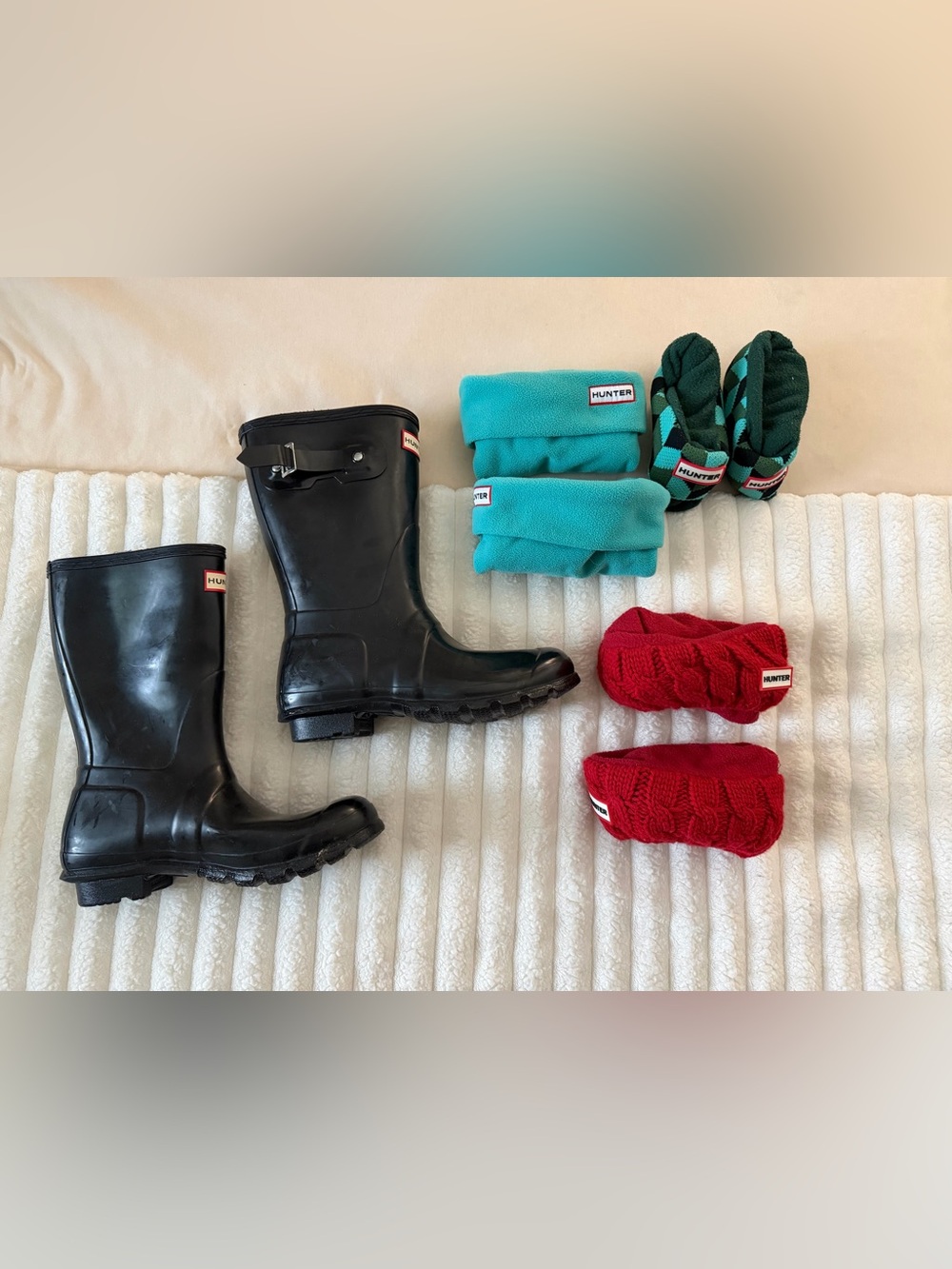 Hunter Black Rubber Rain Boots with Teal Fleece Liners & Red Knit Socks
